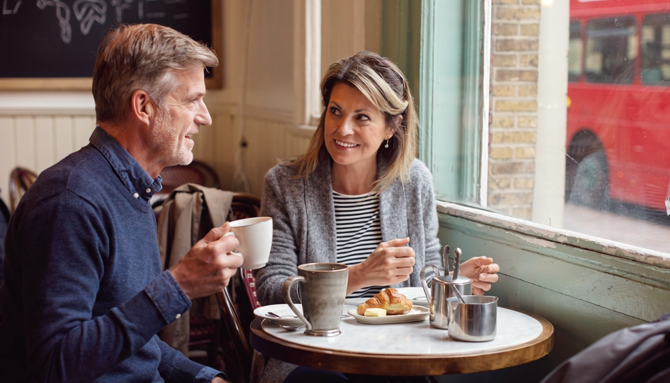 Couple at a small London cafe in the morning.