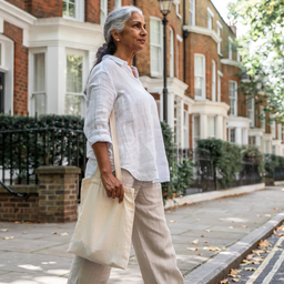 An older woman walking along a quiet residential London street