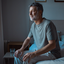 Adult sitting on the edge of a bed in a calm London bedroom in the morning.