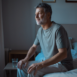 Adult sitting on the edge of a bed in a calm London bedroom in the morning.