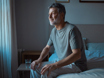 Adult sitting on the edge of a bed in a calm London bedroom in the morning.