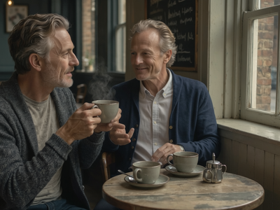 Couple at a small London cafe in the morning.