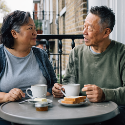Couple in their fifties having breakfast together on a London balcony.