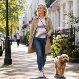 An older woman walking along a quiet residential London street