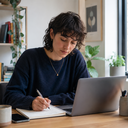 A young woman writing notes at a desk with a laptop