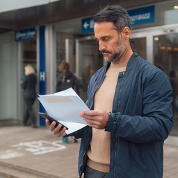 A person holding a referral letter and looking at their phone outside a UK hospital entrance, daylight
