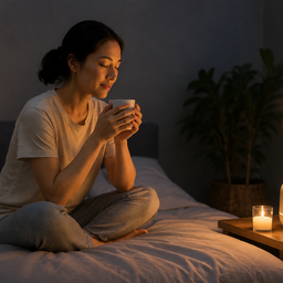A woman relaxing on her bed at night with an aromatherapy diffuser and candle