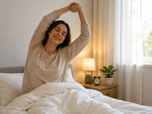 A woman waking refreshed and stretching in bright morning light