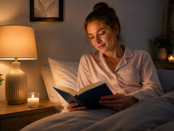 A woman reading a book in bed at night by candlelight