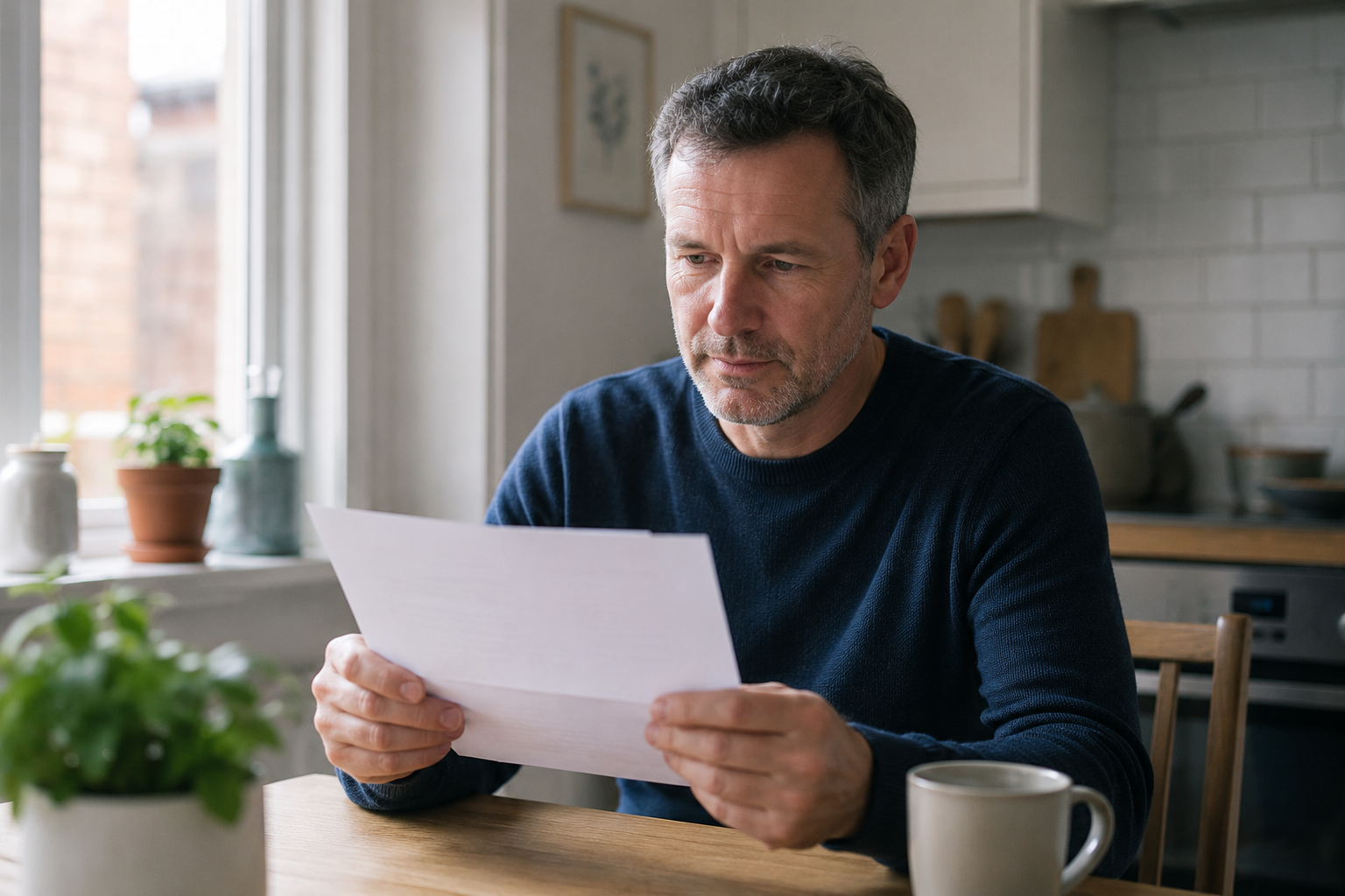 A person in their fifties reading a health screening invitation at home