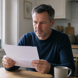 A person in their fifties reading a health screening invitation at home