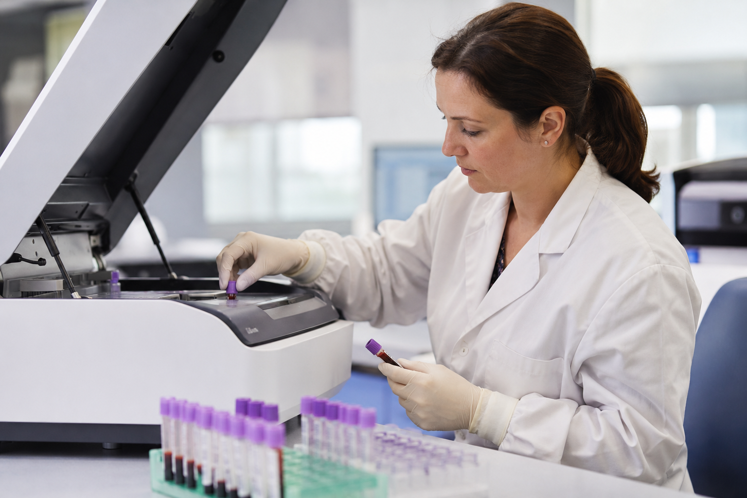 A laboratory scientist loading blood samples into a genomic analyser