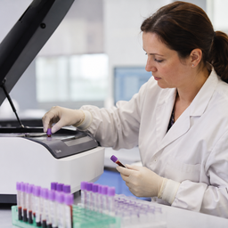 A laboratory scientist loading blood samples into a genomic analyser