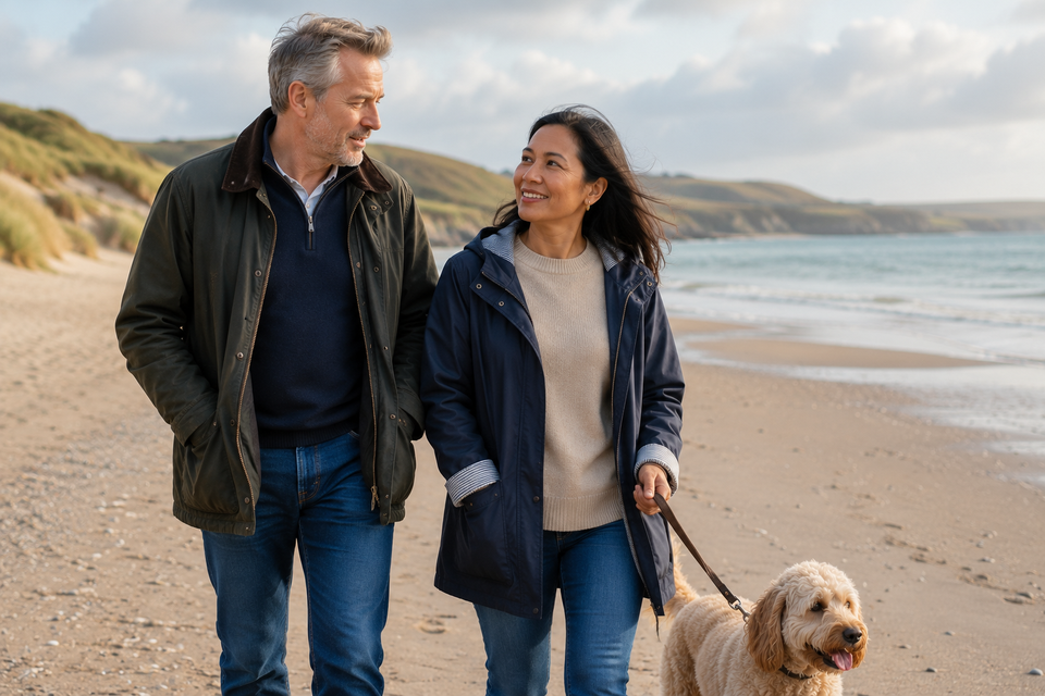 A couple in their fifties walking a dog on a beach in soft daylight