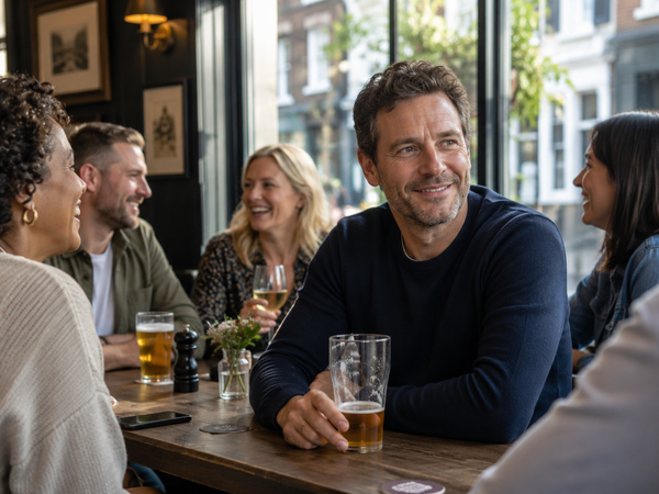 Friends of mixed backgrounds talking and laughing at a London pub, one man in focus with a half-finished drink, enjoying the company.