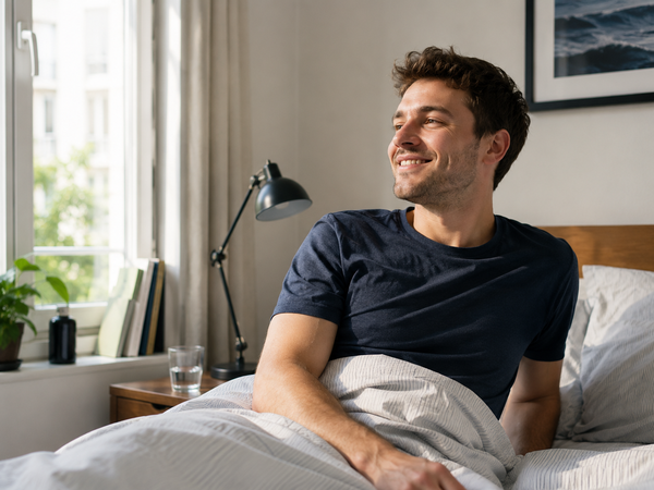 A man sitting up in bed in the morning, calm and rested, looking out of the window
