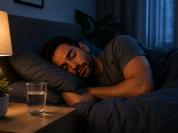 A man sleeping at night beside a softly lit bedside lamp