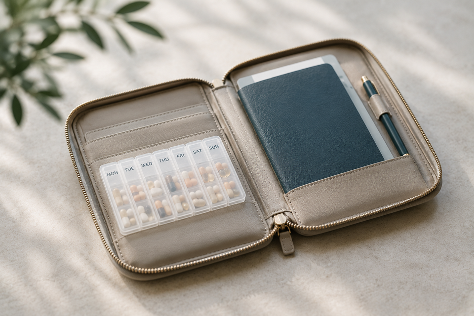 A travel wallet holding a passport and a weekly pill organiser.