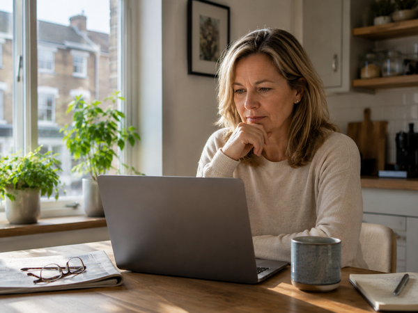 A woman in her fifties at a kitchen table, thoughtfully reading on a laptop with a coffee, weighing a decision.