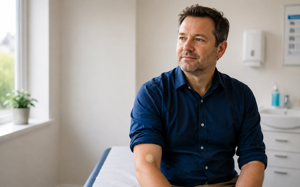 A relaxed man in his forties sitting in a bright clinic room, sleeve rolled up with a small dressing in the crook of his elbow after a blood test, looking calm.
