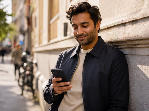 A British South Asian man in his early thirties leaning against a sunlit city wall.