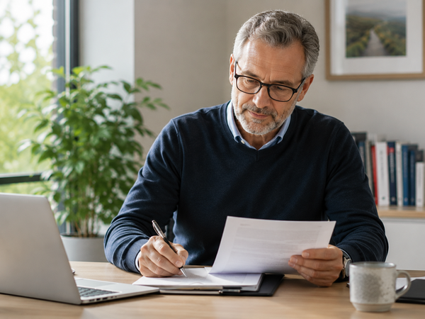 A man in his fifties reviewing paperwork at his home desk
