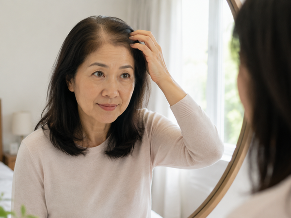 A woman in her late forties styling her hair in soft morning light.