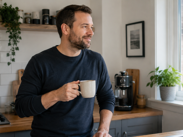 A man in his late thirties making coffee in a bright kitchen.