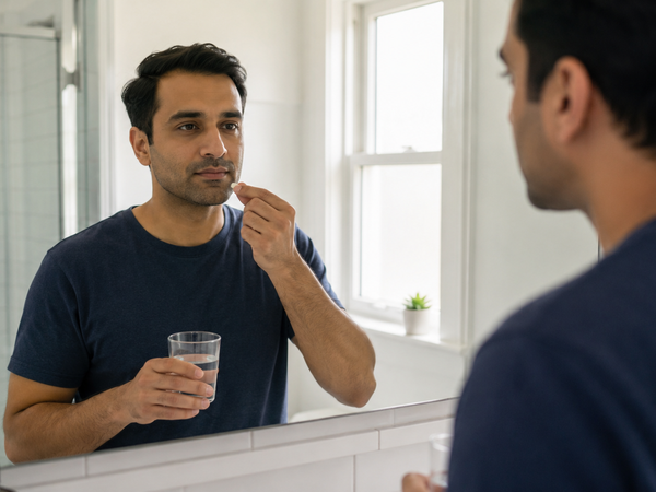 A man in his early thirties looking in the bathroom mirror in morning light.