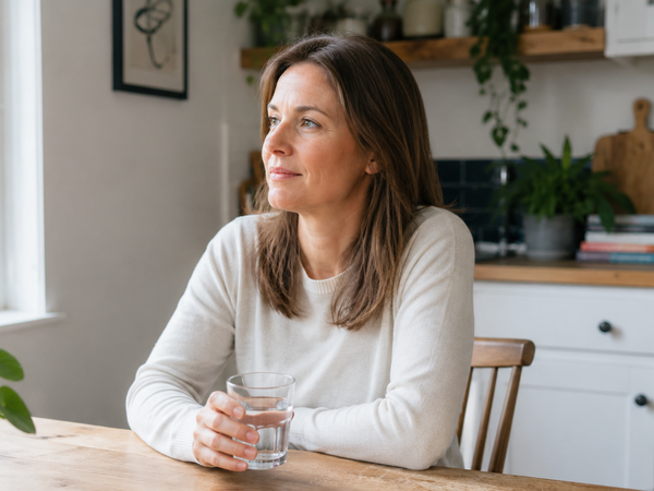 A woman in her early forties at a kitchen table in morning light.