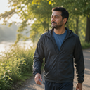 A man walking beside water in soft morning light
