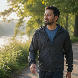 A man walking beside water in soft morning light