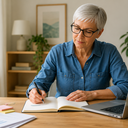 Older white woman with short grey hair and glasses, working at a desk with a laptop and notes.