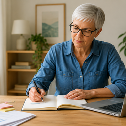 Older white woman with short grey hair and glasses, working at a desk with a laptop and notes.