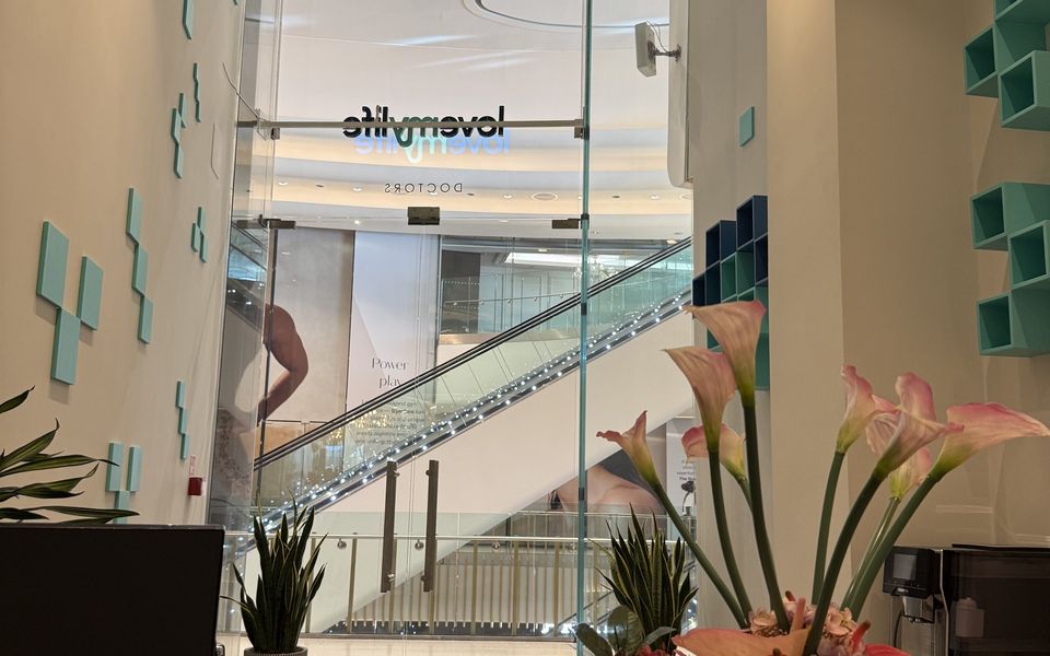 Looking out from LoveMyLife reception across The Village at Westfield London