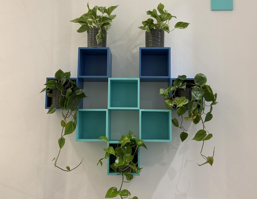 Heart-shaped plant shelves in brand colours at the LoveMyLife clinic