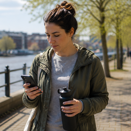 A woman checking her phone while walking beside a river with a water bottle