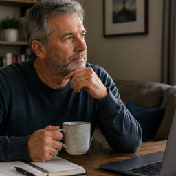 Man at a home table with a laptop and notebook.