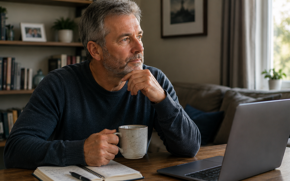 A man sitting at a table with a laptop and notebook in a calm home workspace