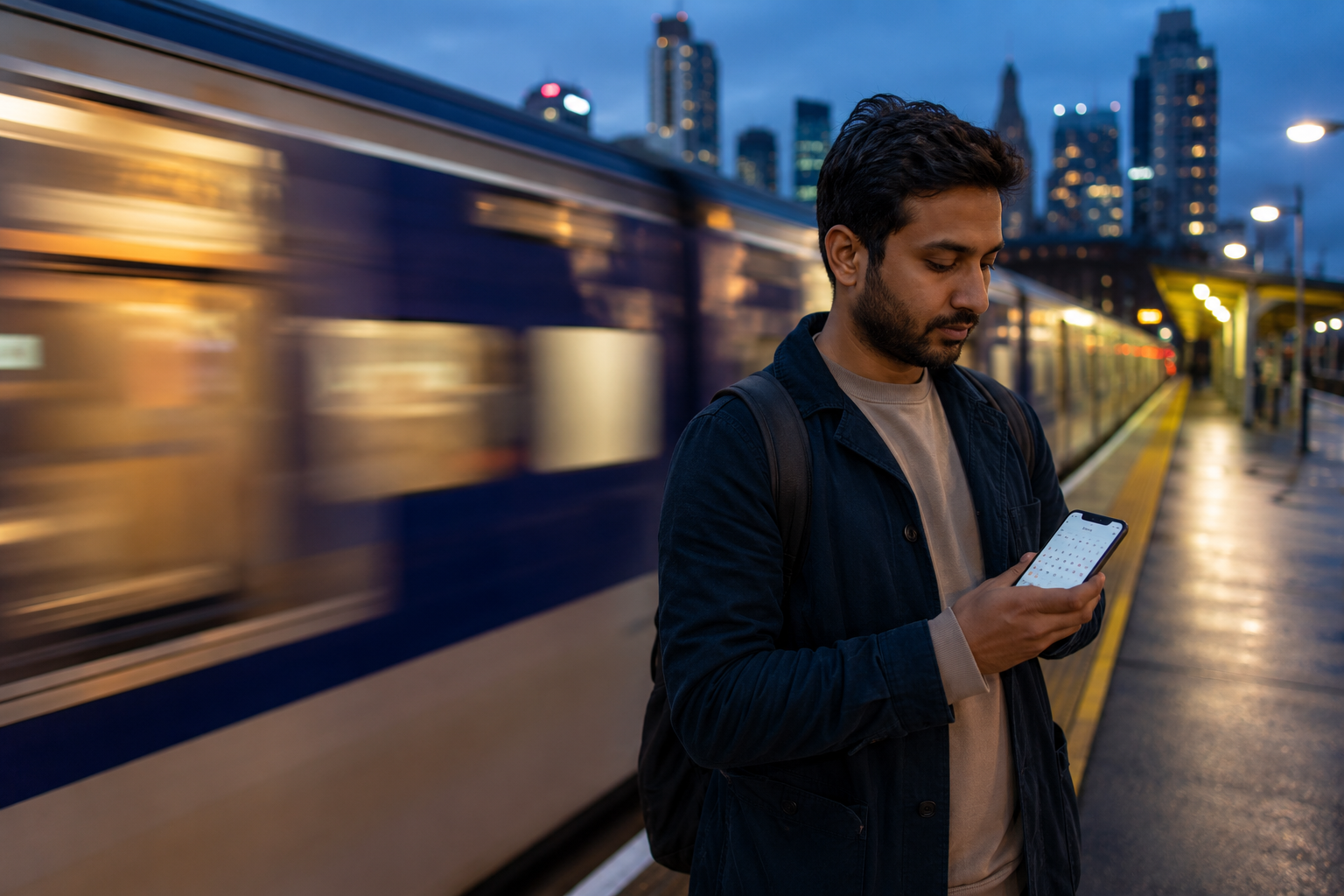 A man checking his phone on a train platform at dusk.