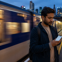 A man checking his phone on a train platform at dusk.