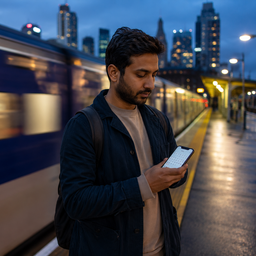A man checking his phone on a train platform at dusk.