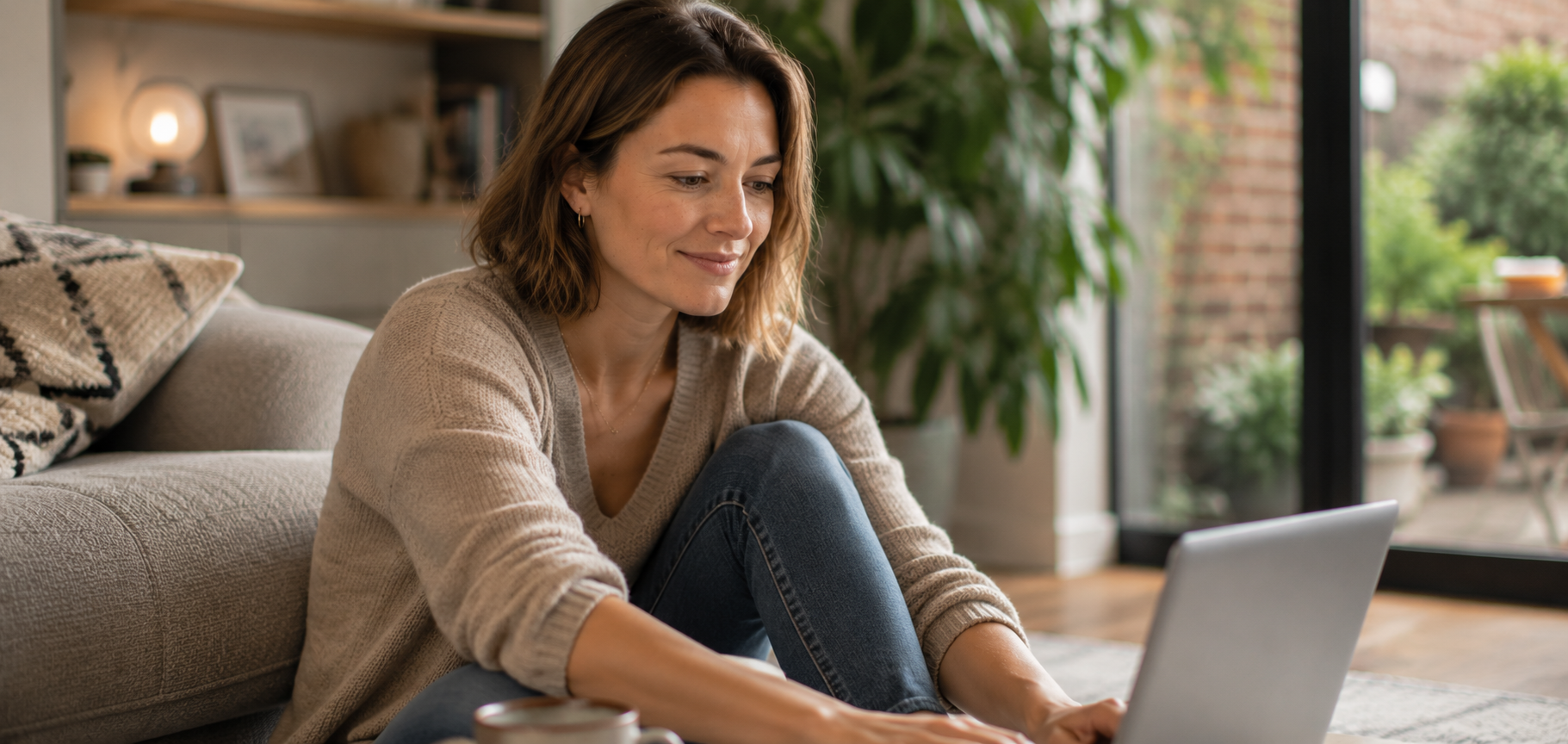 A woman at home starting an online assessment on her laptop