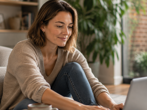 A woman at home on her laptop