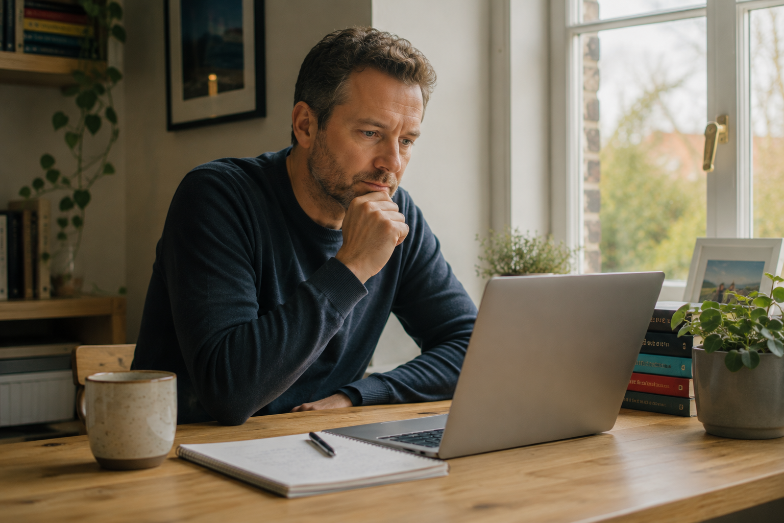A person weighing a decision at a home desk by a window.