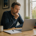 A person weighing a decision at a home desk by a window.