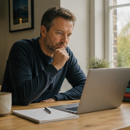 A person weighing a decision at a home desk by a window.