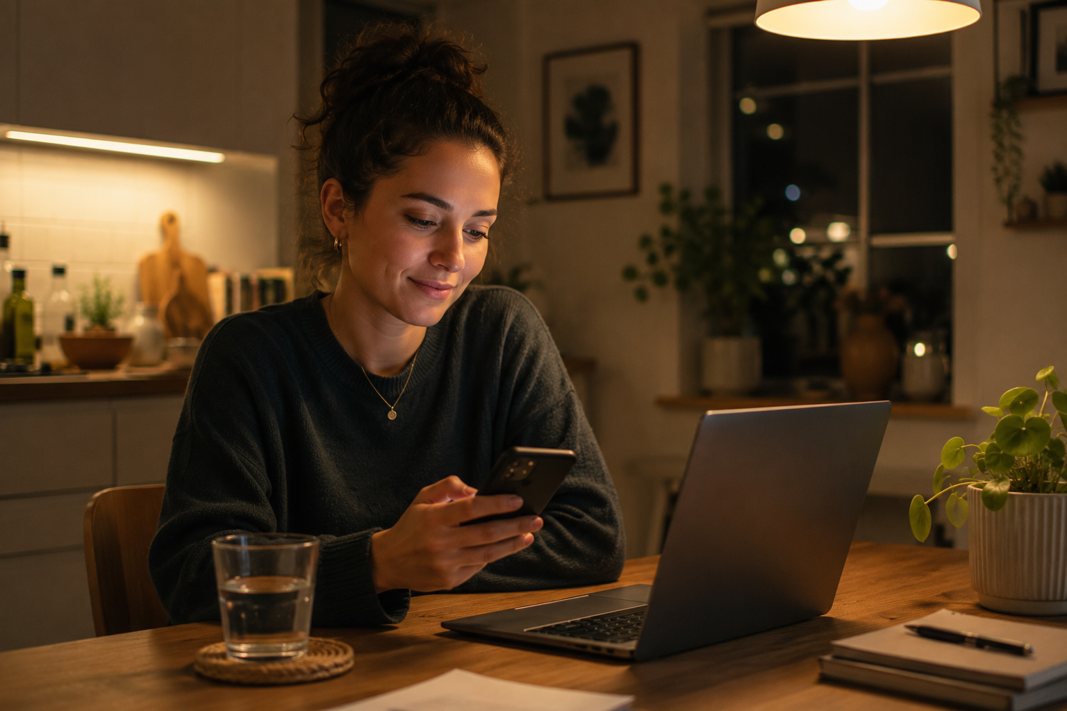 A woman reading calmly from her phone at an evening kitchen table.