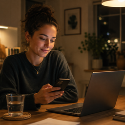 A woman reading calmly from her phone at an evening kitchen table.