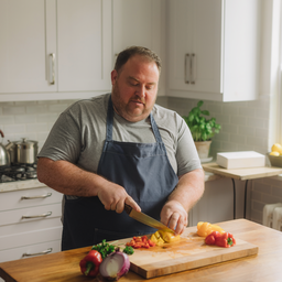 Man preparing a simple meal at home, chopping vegetables.